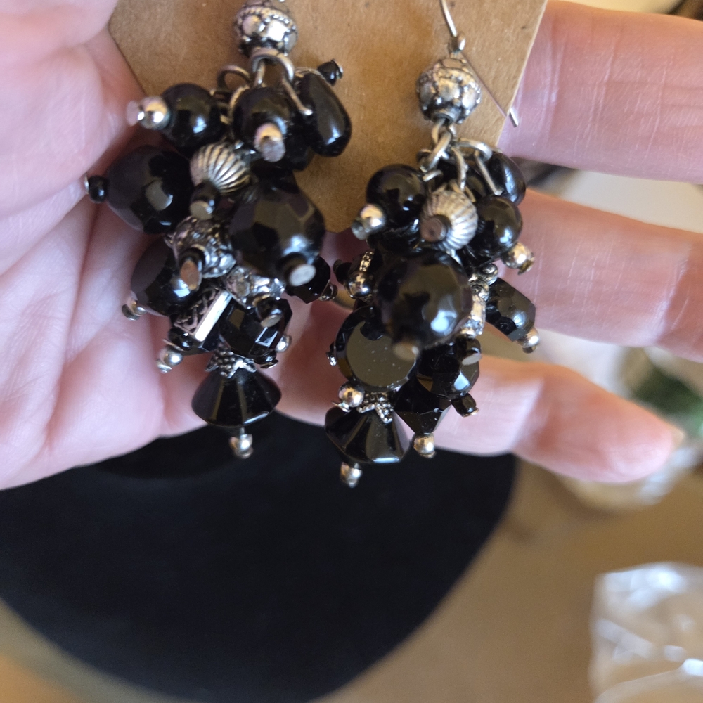 Black Beaded Cluster Dangle Pierced Earrings